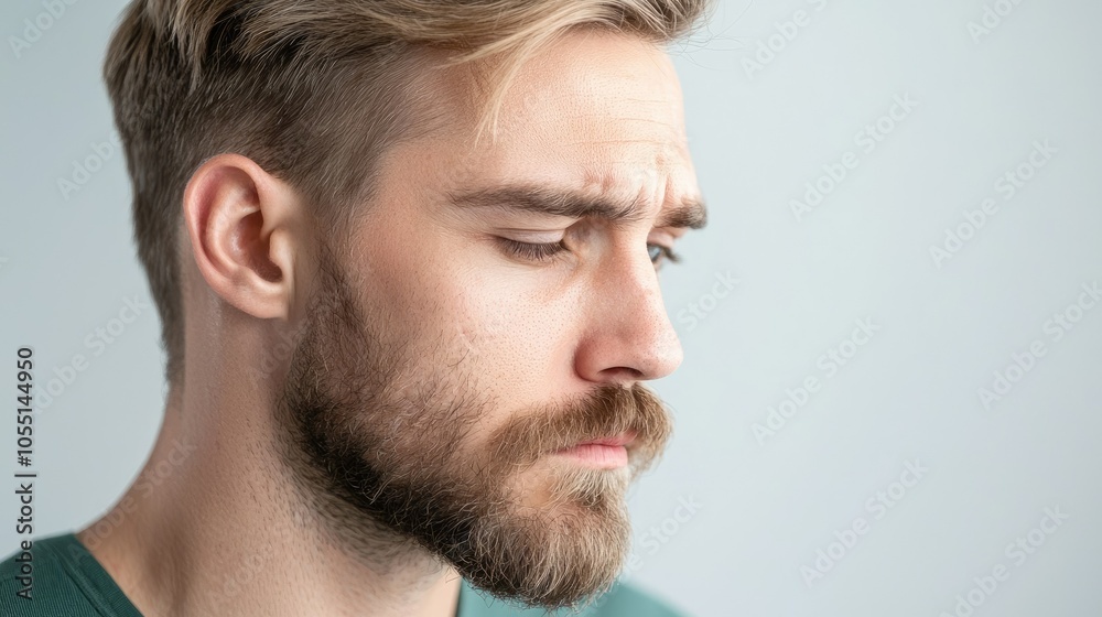 Fototapeta premium Thoughtful Caucasian Man with Light Skin and Stubble
