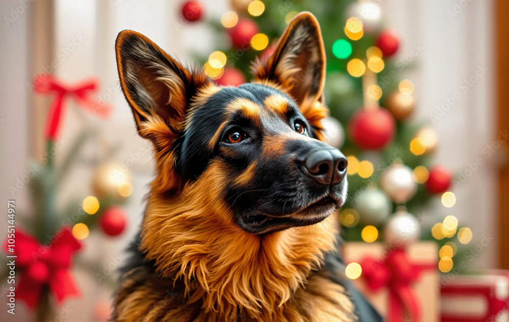 Close-up of a German Shepherd against a Christmas tree, bokeh Close-up of a German Shepherd against a Christmas tree, bokeh