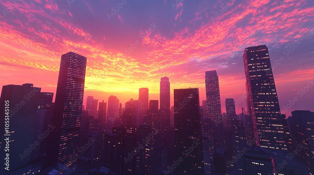 Fototapeta premium Cityscape Sunset with Colorful Clouds