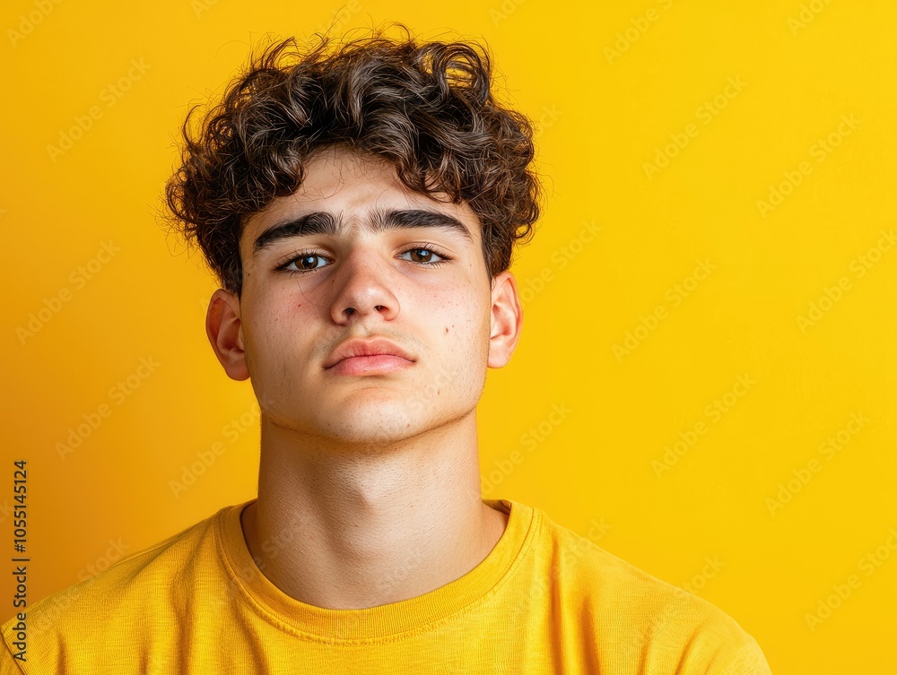 Young Adult with a Pensive Expression Against Yellow Background Young Adult with a Pensive Expression Against Yellow Background