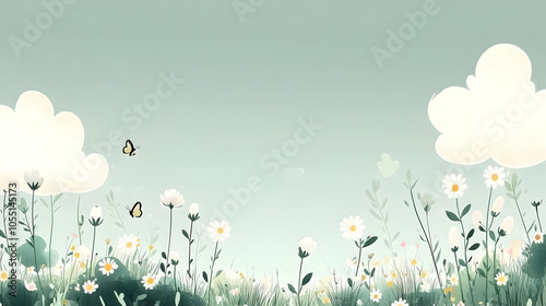 A delicate illustration of white daisies, green grass, and two butterflies flying amidst white clouds in a blue sky.