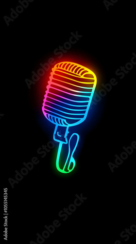 Colorful neon microphone icon on a black background.