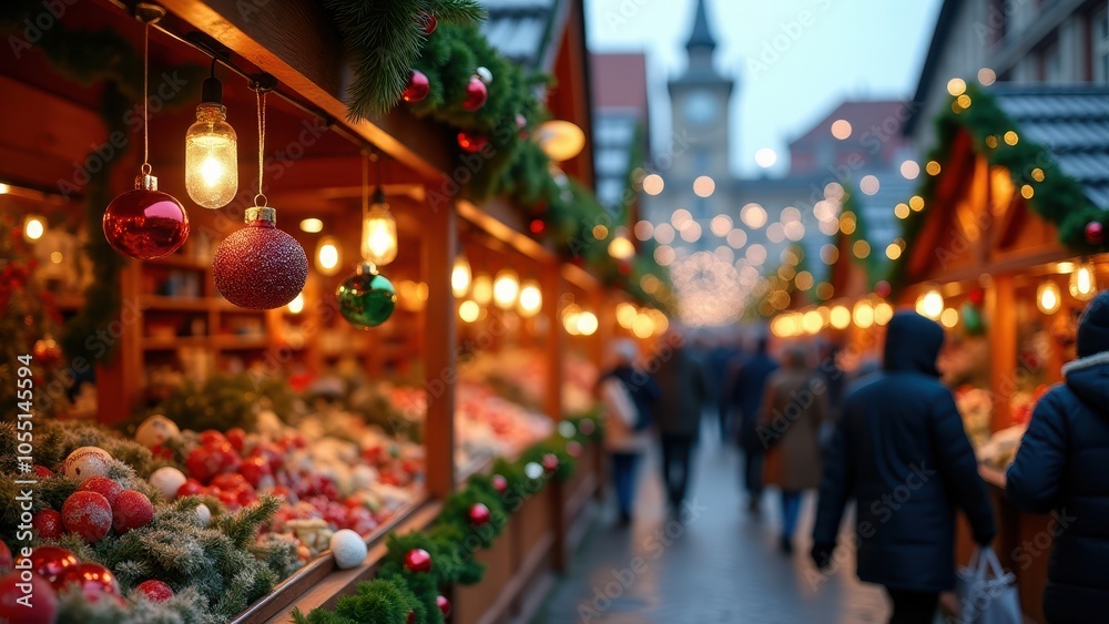 Warm Christmas market scene with twinkling lights, vibrant ornaments, and cozy atmosphere. People stroll, exploring festive stalls lined with decorations. Warm Christmas market scene with twinkling lights, vibrant ornaments, and cozy atmosphere. People stroll, exploring festive stalls lined with decorations.