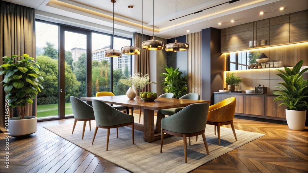 Obraz premium Bright and Airy Modern Dining Room with Large Windows and Sunlight Streaming In, Stylish Furniture, Elegant Decor, Contemporary Design, Spacious Layout, Warm Atmosphere, Minimalist Aesthetic