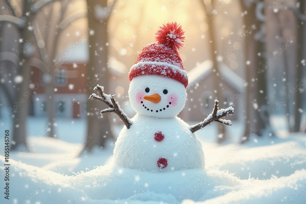 Cheerful snowman in the snow, with a carrot nose, knitted hat and branches instead of hands, cozy houses illuminated by soft evening light are visible in the background. Cheerful snowman in the snow, with a carrot nose, knitted hat and branches instead of hands, cozy houses illuminated by soft evening light are visible in the background.