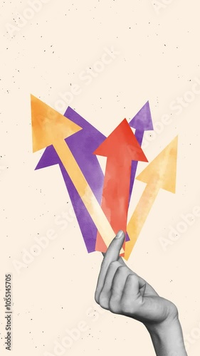 Motion collage video of hand hold pointer arrow road sign direction statistics development business growth 