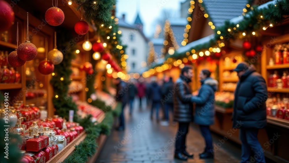 Warm Christmas market scene with twinkling lights, vibrant ornaments, and cozy atmosphere. People stroll, exploring festive stalls lined with decorations. Warm Christmas market scene with twinkling lights, vibrant ornaments, and cozy atmosphere. People stroll, exploring festive stalls lined with decorations.