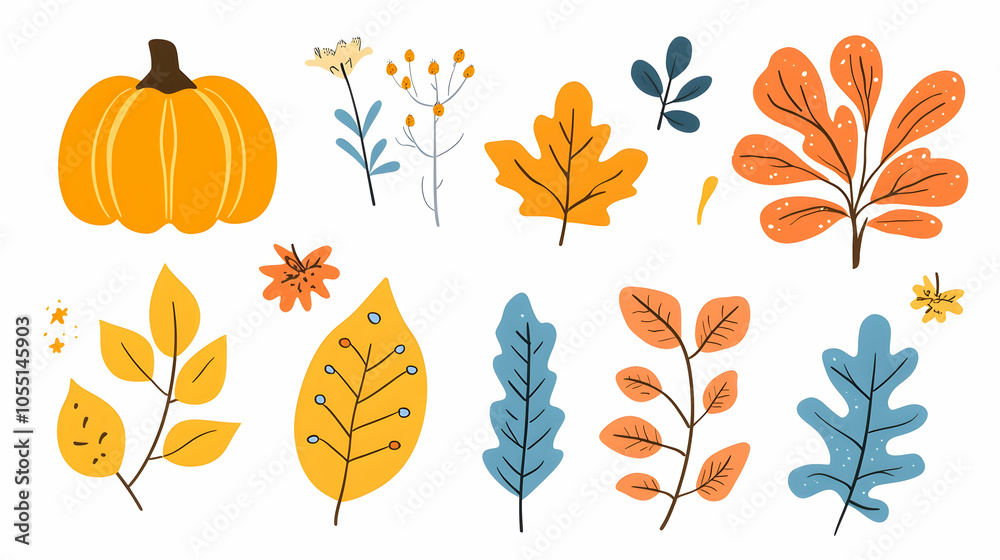 Fototapeta premium Hand-drawn autumn elements for design, including pumpkin, leaves, and flowers.