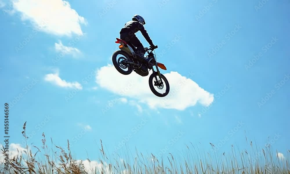 A motocross rider jumps over a hill against a blue sky. A motocross rider jumps over a hill against a blue sky.
