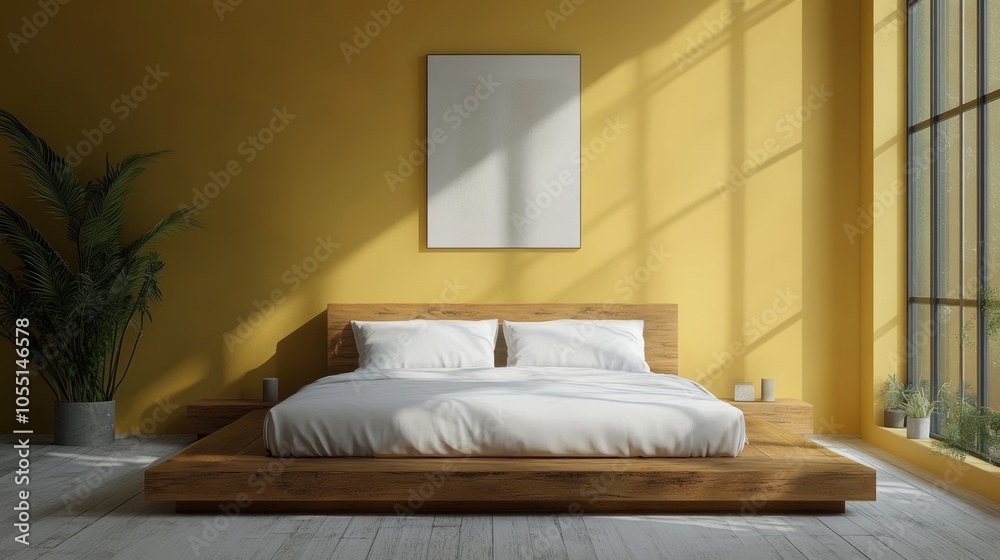 Modern bedroom interior with wooden bed, yellow wall, large window, and a blank frame. Modern bedroom interior with wooden bed, yellow wall, large window, and a blank frame.