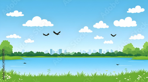 Scenic landscape with a lake, lush greenery, and a city skyline in the distance.