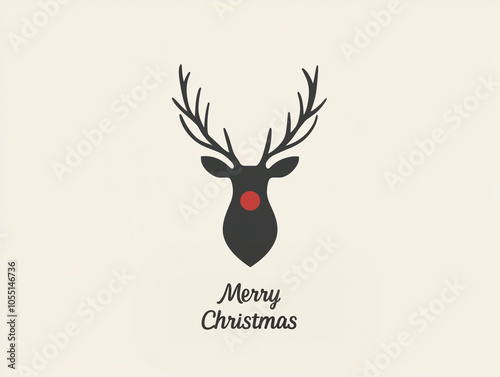 A flat, vector-style Christmas card design featuring a minimalistic reindeer silhouette with a single red nose against a plain white background. 