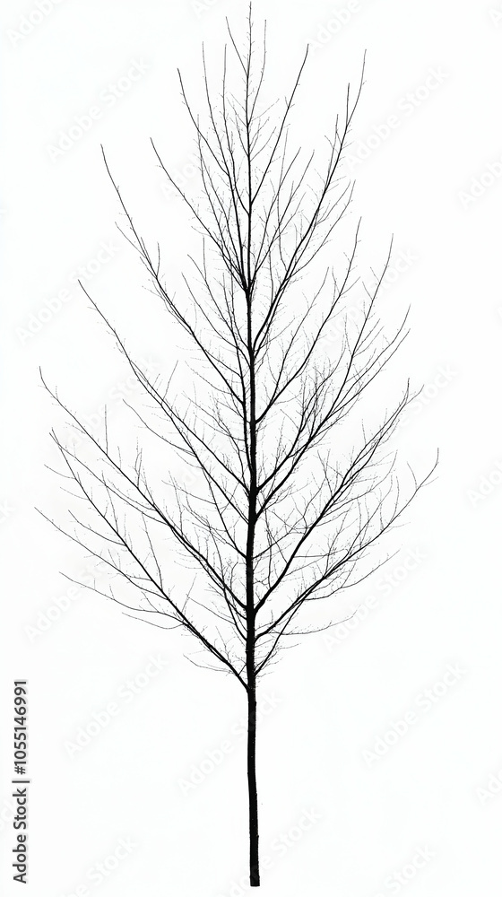 A single bare tree stands tall against a white background.