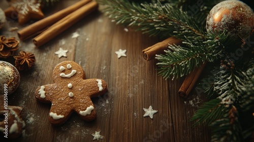 Festive Christmas background with gingerbread cookies, cinnamon sticks, and fir sprigs on a rustic wooden table, ideal for cozy holiday visuals.