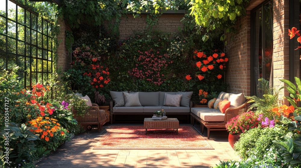 Obraz premium Cozy outdoor seating area surrounded by vibrant flowers.