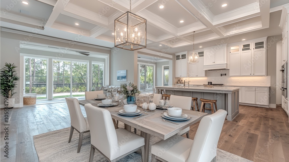 Modern dining room with large windows, white kitchen cabinets, and a wooden dining table. Modern dining room with large windows, white kitchen cabinets, and a wooden dining table.