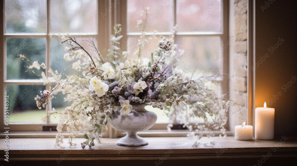 Fototapeta premium Beautiful flowers bouquet, botanical home decor and floral arrangement, English countryside style and florist design for floral shop, flower arranging workshop or class idea
