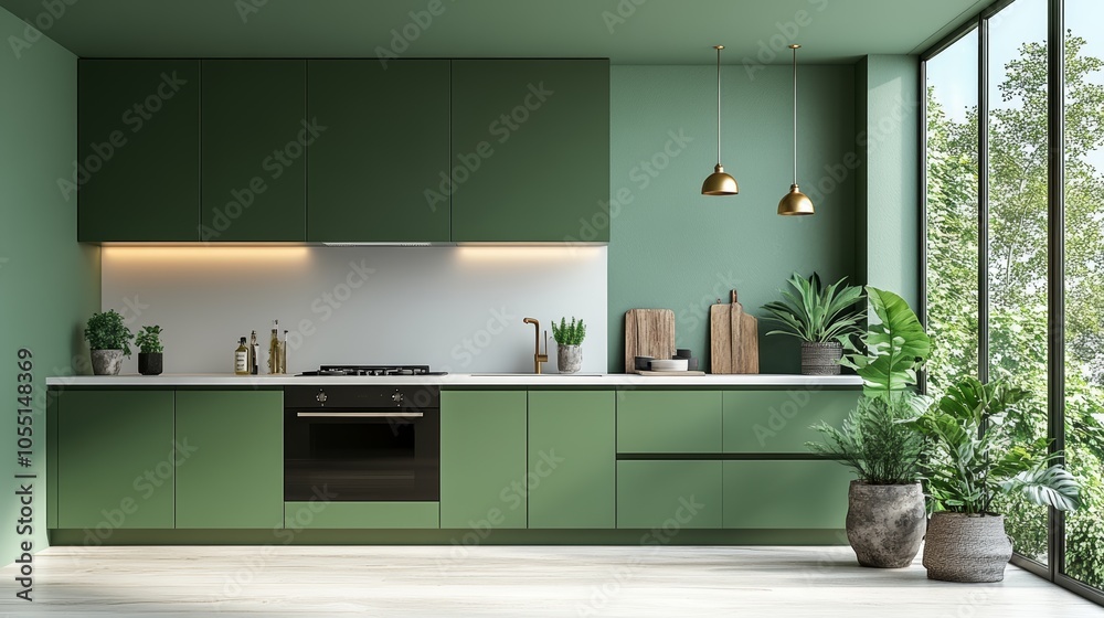 Fototapeta premium Modern green kitchen interior with large window and plants.