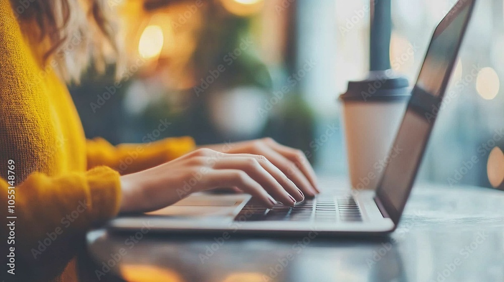 Woman Working on Laptop in a Cozy Cafe Setting Woman Working on Laptop in a Cozy Cafe Setting