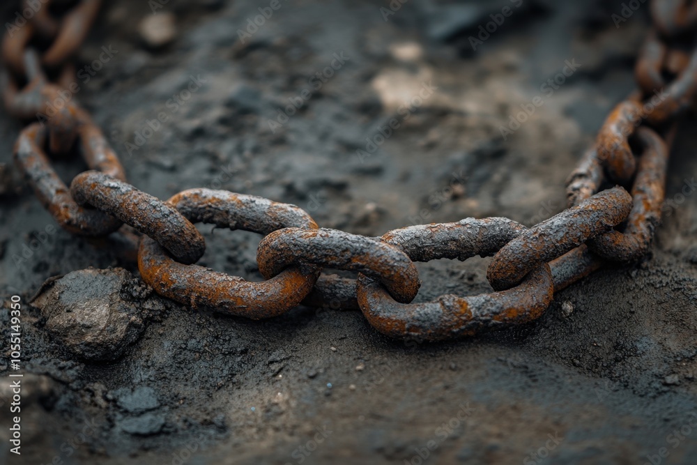 A close-up of a broken chain link lying on the ground, symbolizing failure, vulnerability, and broken connections, with sharp details on the metal texture and dirt-streaked background A close-up of a broken chain link lying on the ground, symbolizing failure, vulnerability, and broken connections, with sharp details on the metal texture and dirt-streaked background