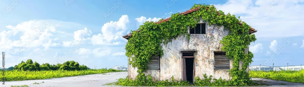 Overgrown shophouse with plants taking over, blending architecture and nature, creating a dystopian feel, Dystopian, Earthy tones, Sketch Overgrown shophouse with plants taking over, blending architecture and nature, creating a dystopian feel, Dystopian, Earthy tones, Sketch