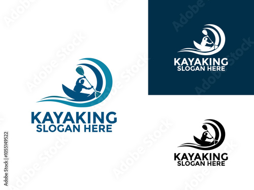 Kayak boat paddle logo vector, River stream kayaking logo design, Ocean Kayaking logo vector template