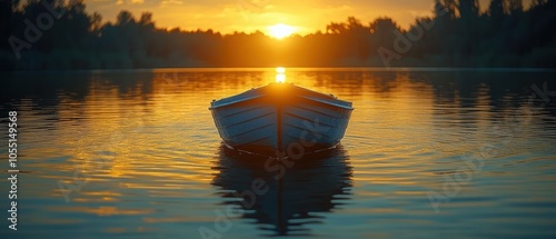 Tranquil Sunset on Lake, serene boat silhouette, shimmering water, last light of day, peaceful evening ambiance photo