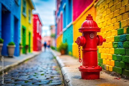 A vibrant red fire hydrant contrasts beautifully with a colorful urban wall, captured in tilt-shift photography, perfect for unique cityscape decor and urban aesthetics.