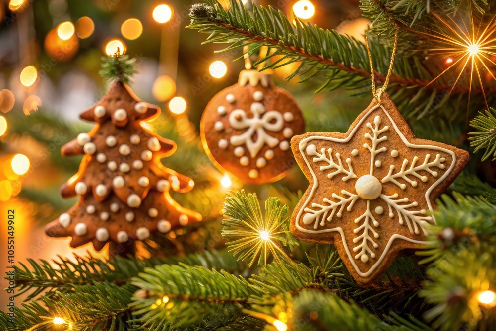 Close-up of Festive Gingerbread Ornaments on a Christmas Tree with Warm Fairy Lights, Capturing Holiday Cheer and Tradition Close-up of Festive Gingerbread Ornaments on a Christmas Tree with Warm Fairy Lights, Capturing Holiday Cheer and Tradition