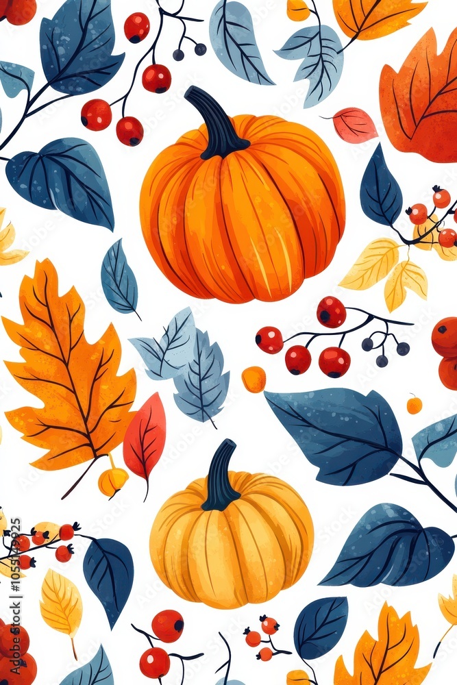 Seamless pattern featuring pumpkins, autumn leaves, and berries on white background Seamless pattern featuring pumpkins, autumn leaves, and berries on white background