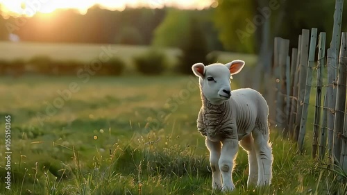 Adorable lamb in a sunlit pasture, highlighting innocence and nature's beauty.