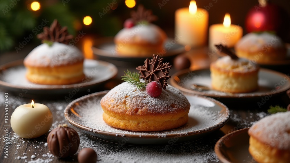 A festive cake topped with chocolate curls, raspberries, and evergreen sprigs, dusted with powdered sugar. Soft candlelight illuminates the cozy scene. A festive cake topped with chocolate curls, raspberries, and evergreen sprigs, dusted with powdered sugar. Soft candlelight illuminates the cozy scene.