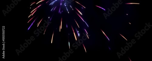 Abstract animation of a firework as minimalist bursts of color, represented by simple radial lines and dots in bright neon colors on a dark background