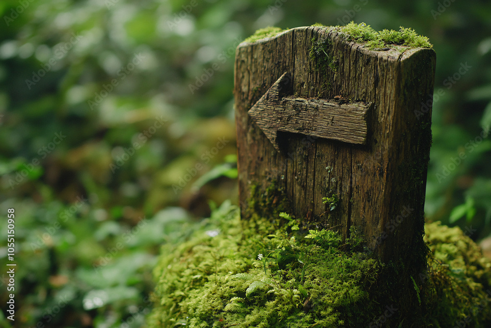 old wooden arrow sign covered in green moss in a lush forest old wooden arrow sign covered in green moss in a lush forest