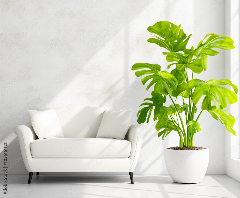 White Sofa with Large Green Plant in Minimalist Room White Sofa with Large Green Plant in Minimalist Room
