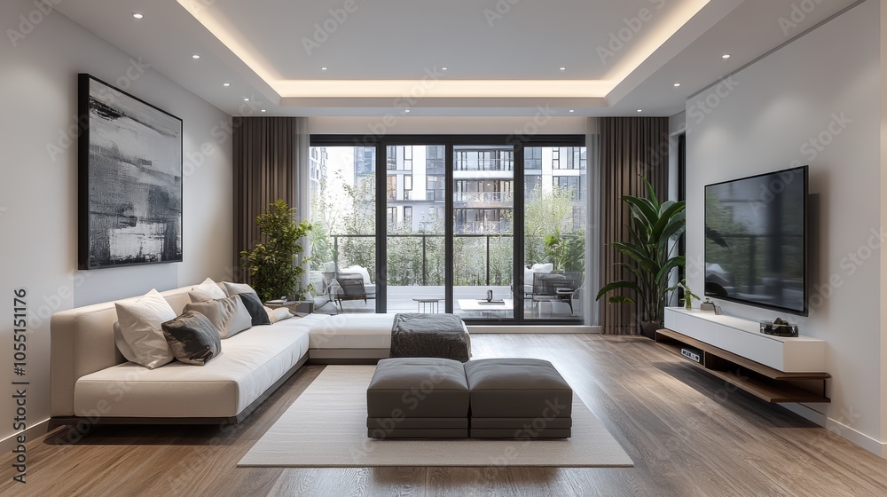 Fototapeta premium Modern living room with a white sectional sofa, gray ottomans, a white rug, a large window with sliding doors, a flat screen TV on the wall, and two plants.