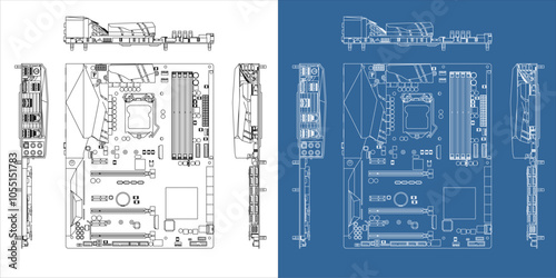 Gaming Motherboard vector with various positions technical drawings line blueprint isolated on transparent background