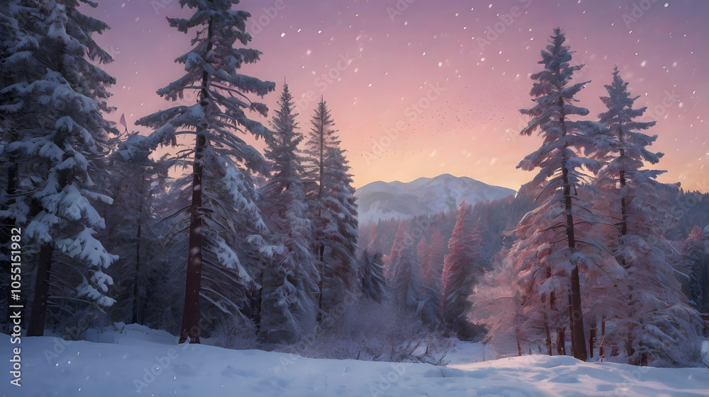 A serene winter sunrise over snow-covered mountains, surrounded by frosty trees and a peaceful forest landscape A serene winter sunrise over snow-covered mountains, surrounded by frosty trees and a peaceful forest landscape
