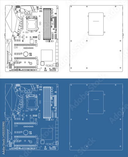 Computer Motherboard vector technical drawings line blueprint isolated on transparent background