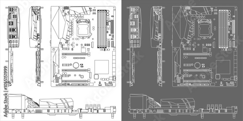 Motherboard vector with various positions technical drawings line blueprint isolated on transparent background photo