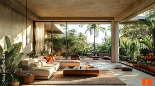 Modern living room with large windows overlooking a tropical garden.