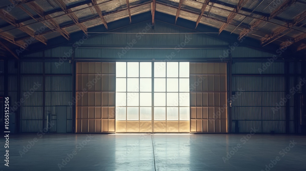 Interior view from inside a modern industrial hangar with brass walls, focusing on the large open doors and the silver framing beams Interior view from inside a modern industrial hangar with brass walls, focusing on the large open doors and the silver framing beams