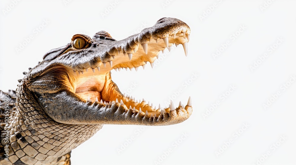 Obraz premium Majestic crocodile with its mouth open, showing sharp fangs and textured scales, standing still against a pure white background, hyper-realistic