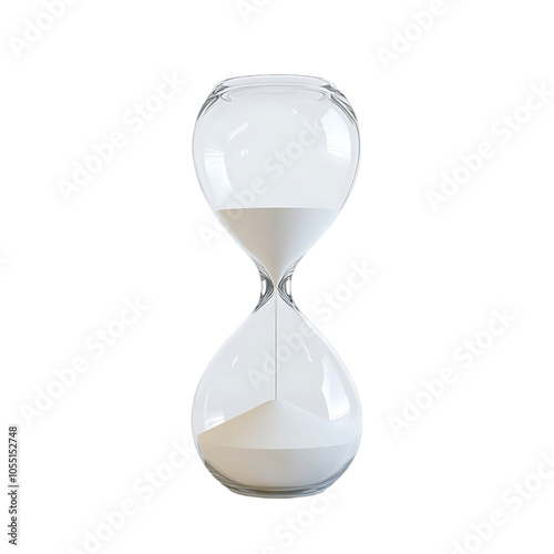 A classic hourglass with white sand running through the bulbs, symbolizing the passage of time.