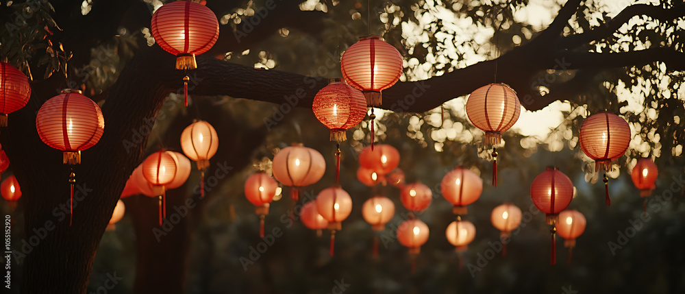 Obraz premium A celebration of culture the vibrant display of festive red lanterns and intricate chinese paper cuttings illuminate the night sky