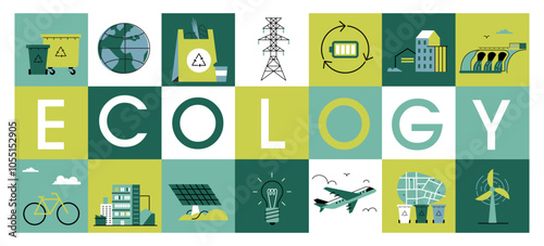 Ecology. Mosaic with lettering and illustrations.