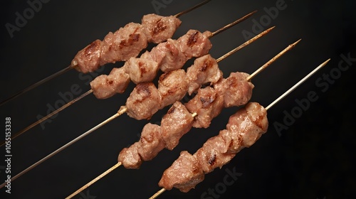 Grilled meat skewers on a dark background.