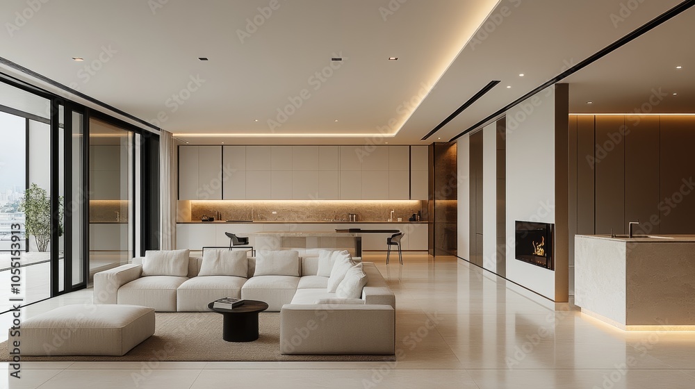 Fototapeta premium Modern minimalist living room with white sofa, fireplace, and large windows.