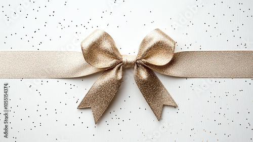 Gold Ribbon Bow on White Glitter Background