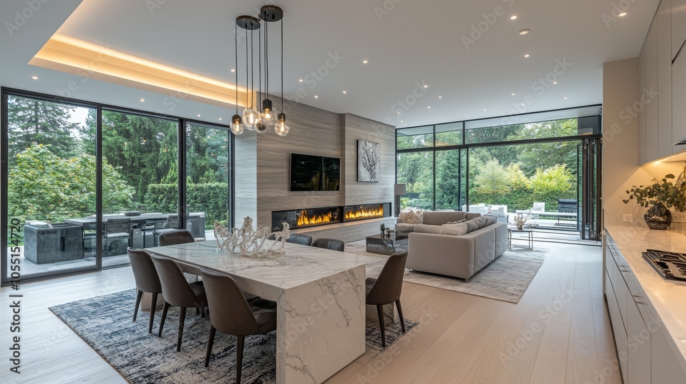 Fototapeta premium Modern open-concept living space with marble dining table, fireplace, and large windows overlooking a green backyard.